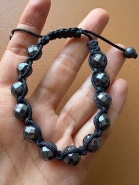 Vintage Faceted Hematite Shamballa Macramé Braided Adjustable Bracelet